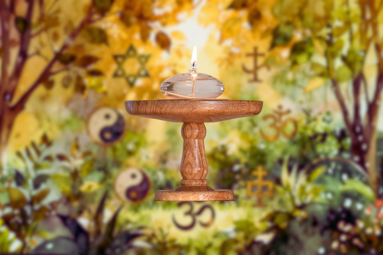 A lit, glass, Unitarian Chalice on a wooden stand in front of a natural scene of branches and leaves. Multi-faith symbols are in the leaves