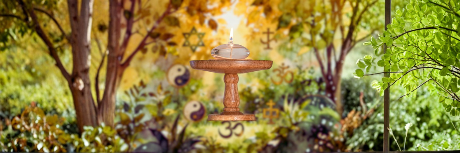 A lit chalice on a wooden stand surrounded by religious and mystic symbols in a calm forest.